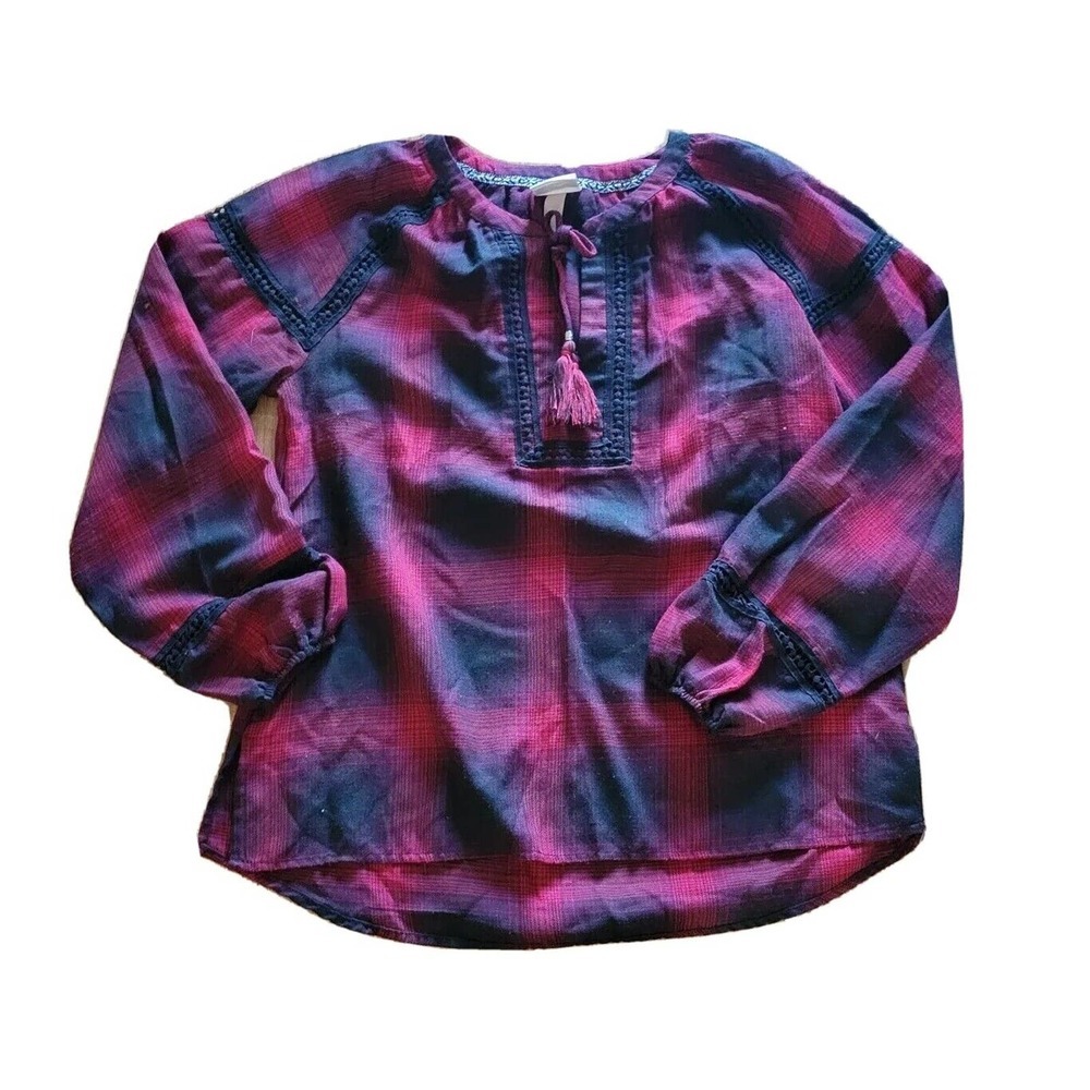 Knox Rose Shirt Top Women Size Medium Red Black Plaid Boho Balloon Sleeve Tassel - Picture 1 of 10